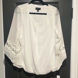 AB Studio White Crochet-Trim Chiffon Blouse